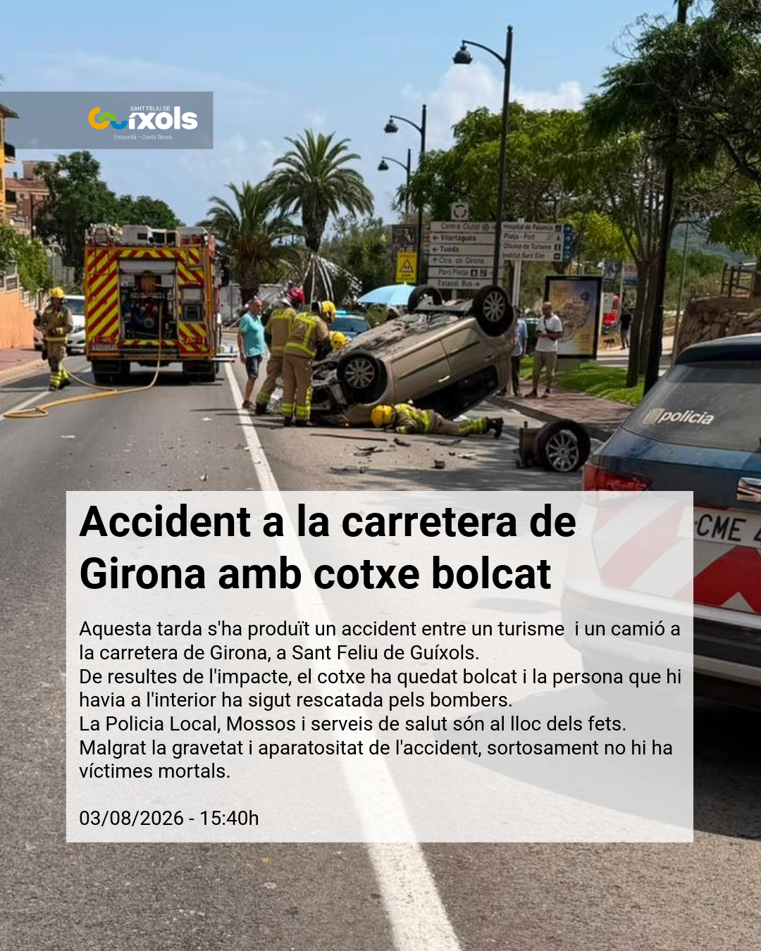 Accident a la carretera de Girona amb cotxe bolcat